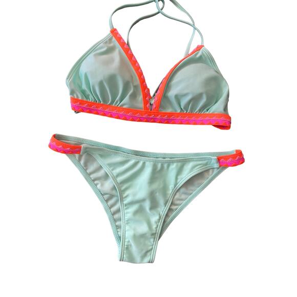 Bikini Women's Swimwear 2pc Size Small Mint Green & Coral - Picture 1 of 16